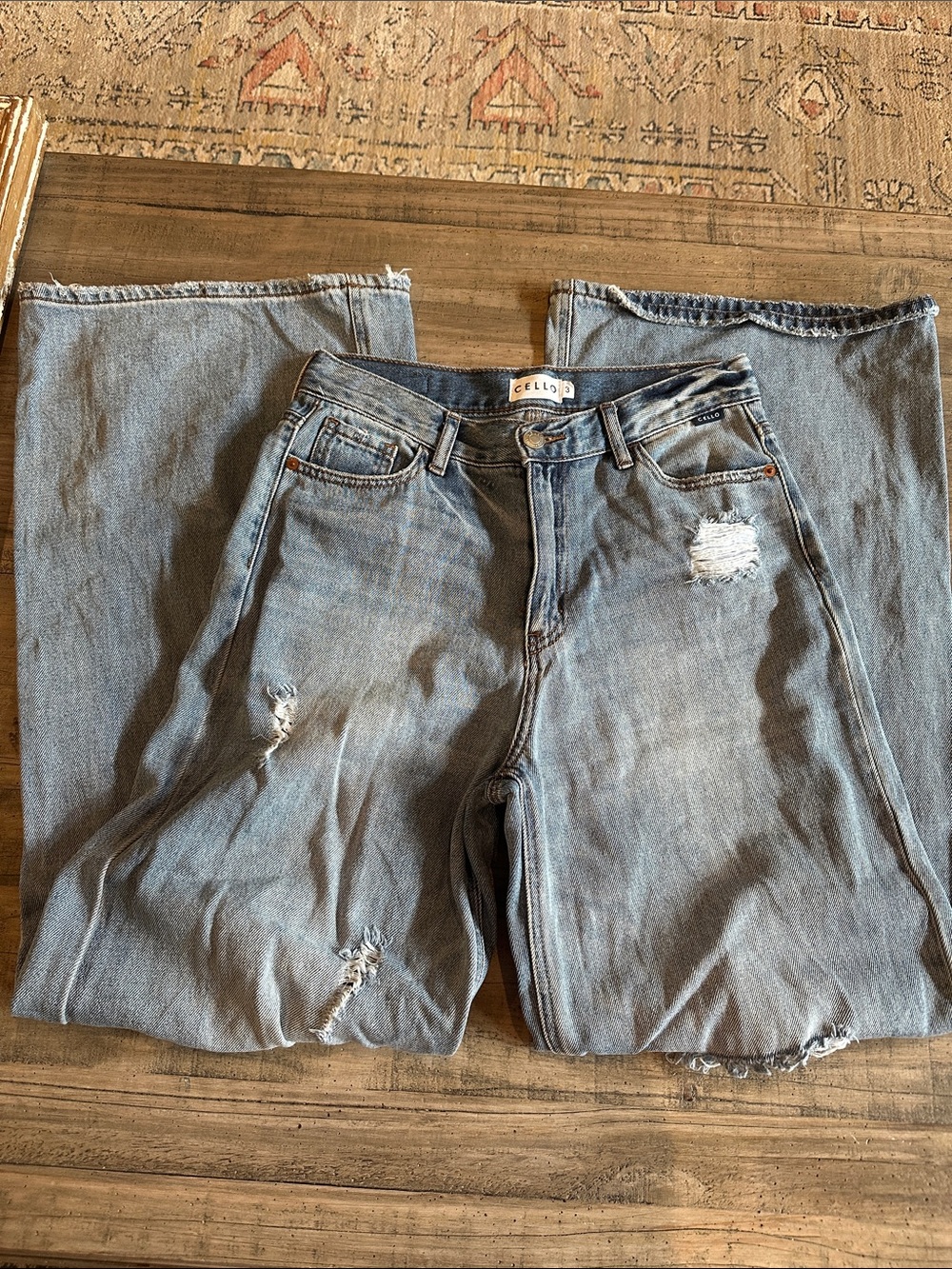 Cello Washed Light Blue Distressed Relaxed Fit Women’s Wide Leg Jeans